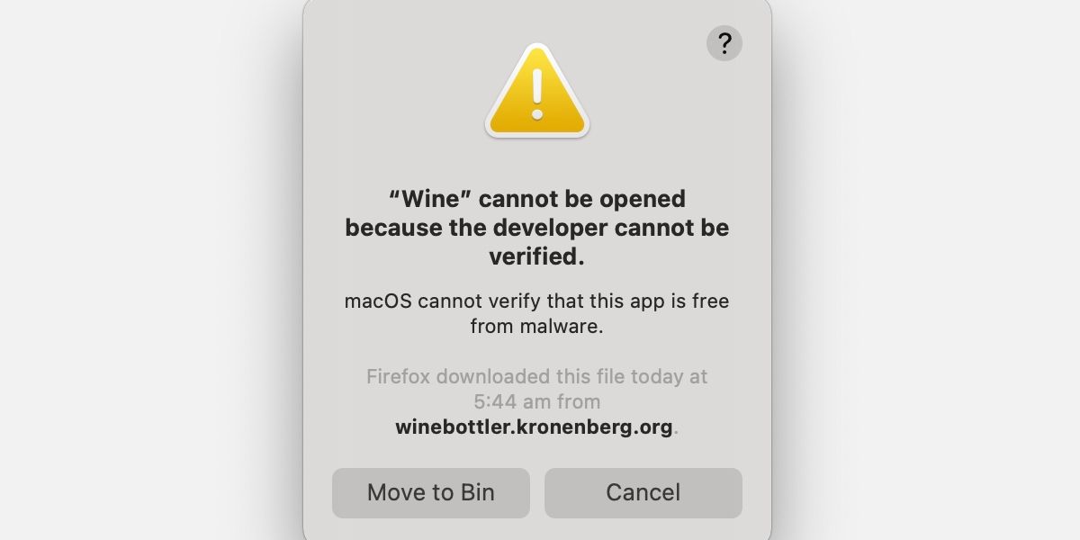 Gatekeeper dialog box saying that Wine cannot be opened.