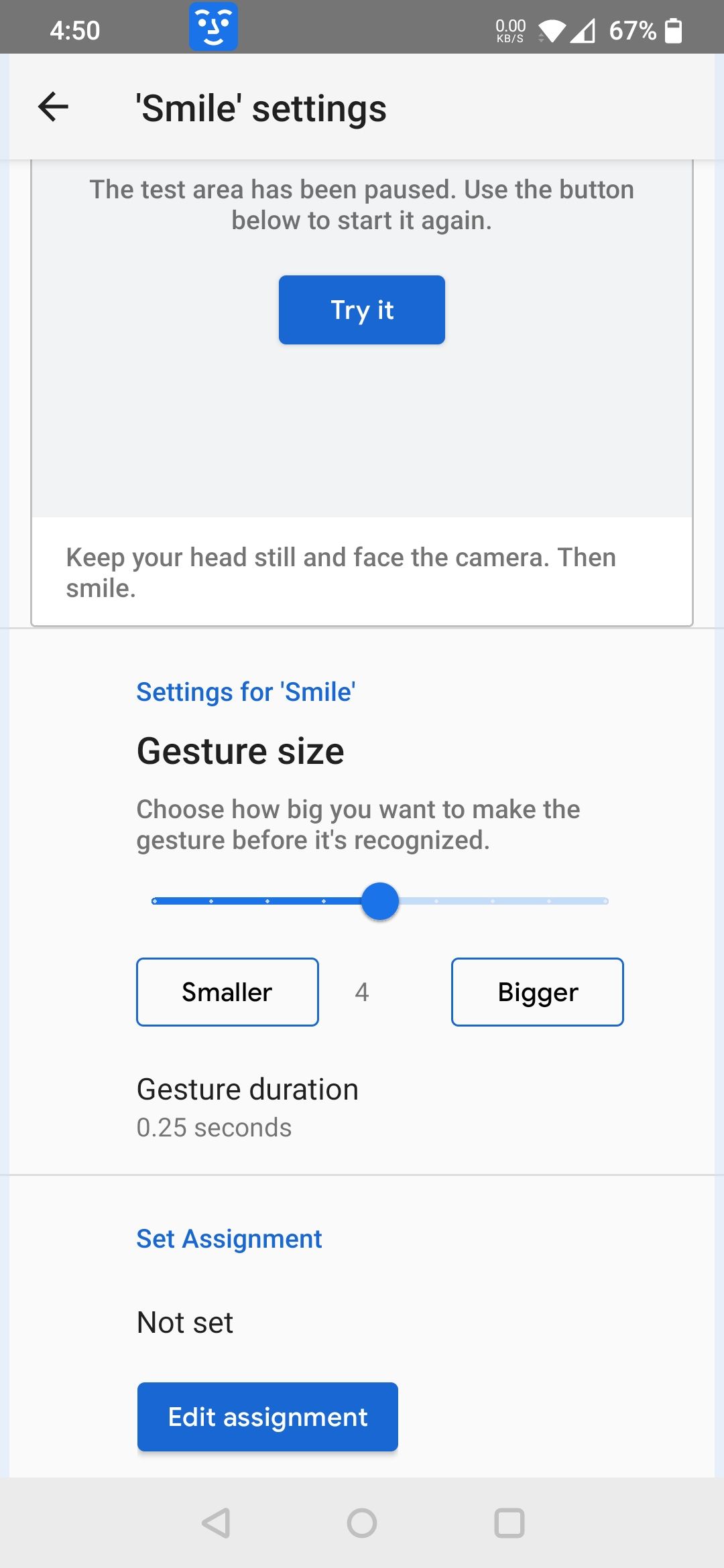 gesture size settings