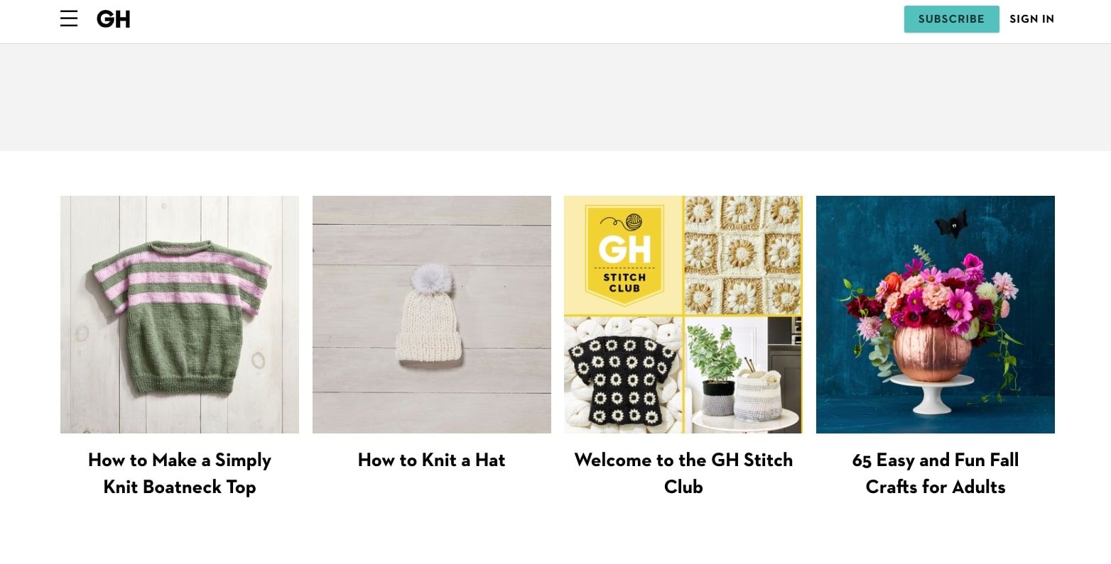 good housekeeping crafts page screenshot with knit projects