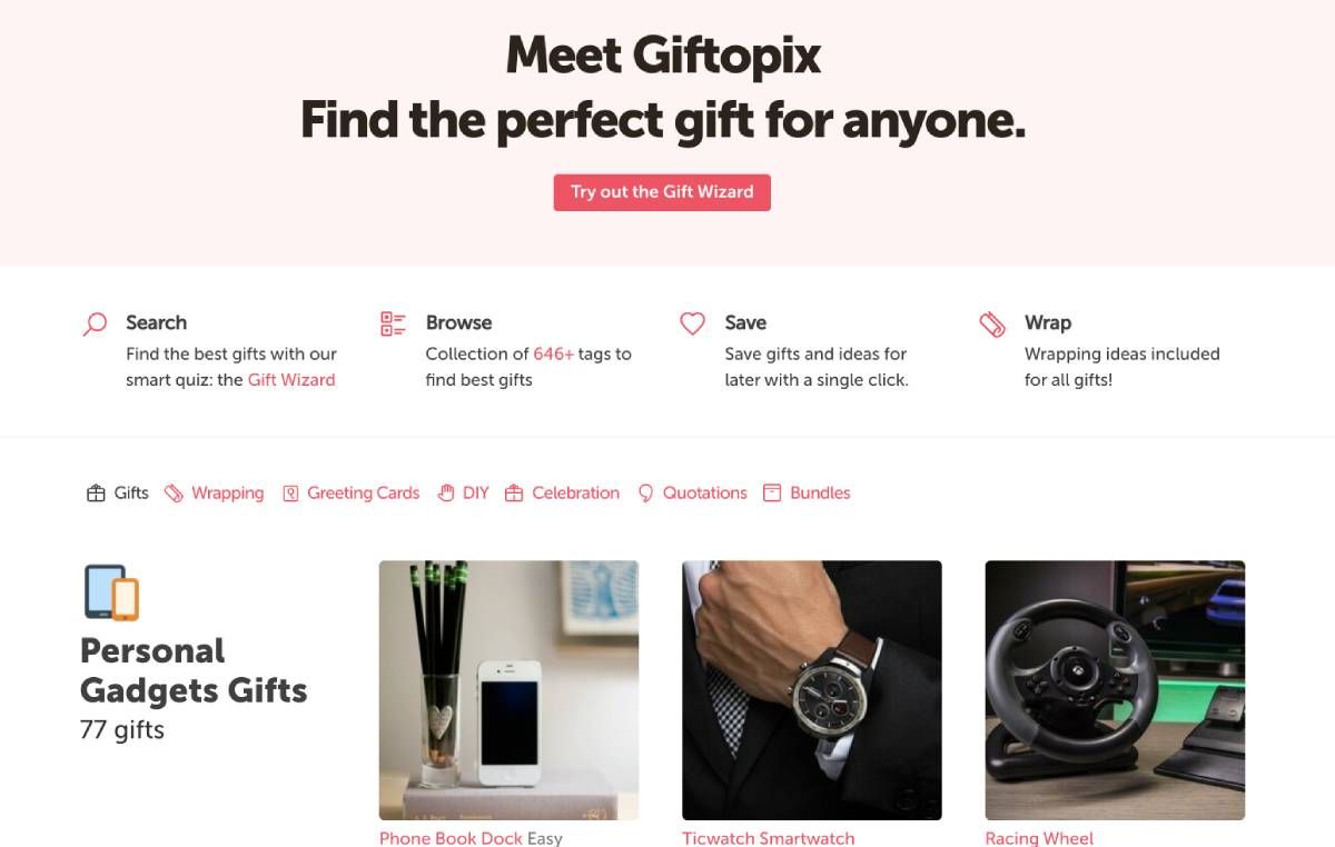 Giftopix has a strong recommendation engine to find the perfect gift, as well as wrapping ideas and comparative products