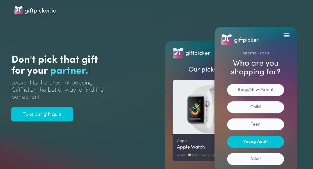 Giftpicker is a quick and simple 5-question quiz to land on the ideal gift for someone
