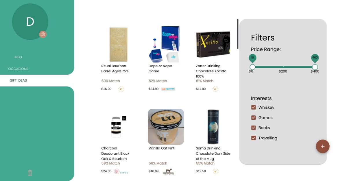 Occasional.ly uses an AI recommendation engine to suggest gifts based on a person's interests, which you can filter and sort by price