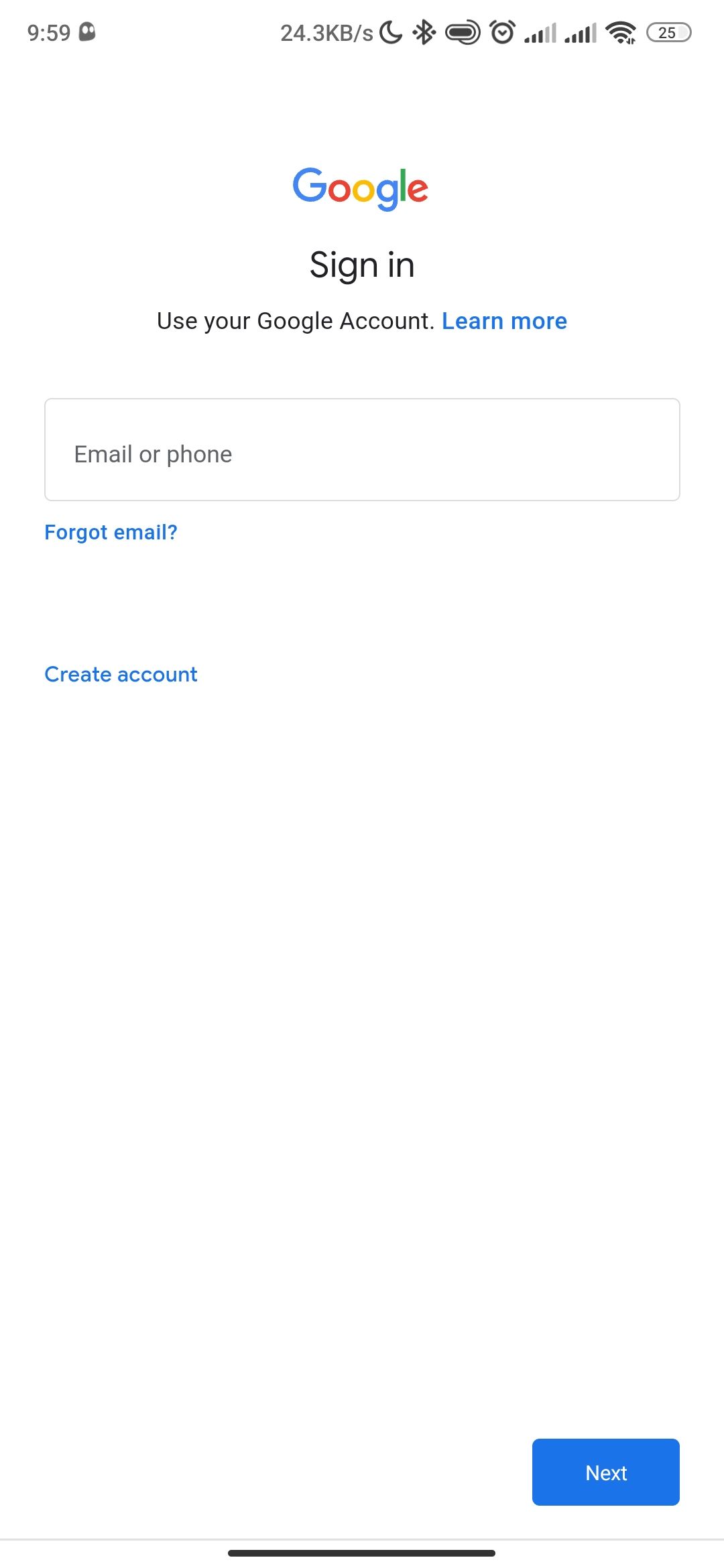 Sign in page on Gmail Android