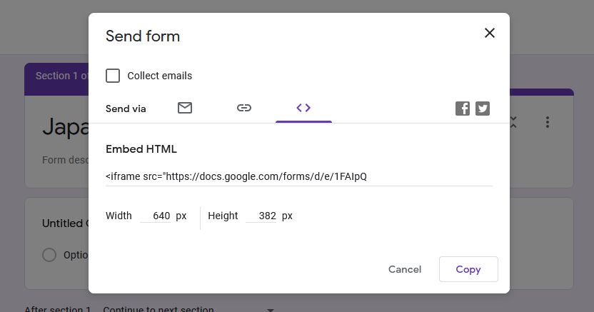google forms embed html