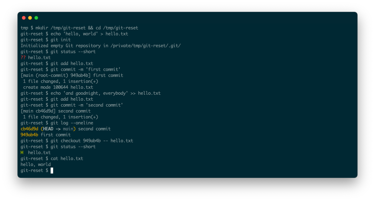 A terminal session showing how to rollback a repository commit in git