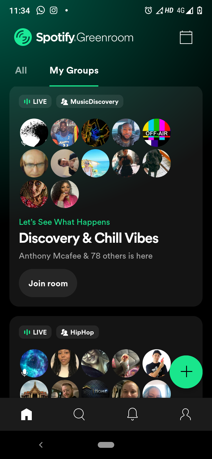 Screenshot showing Spotify Greenrooms' homepage