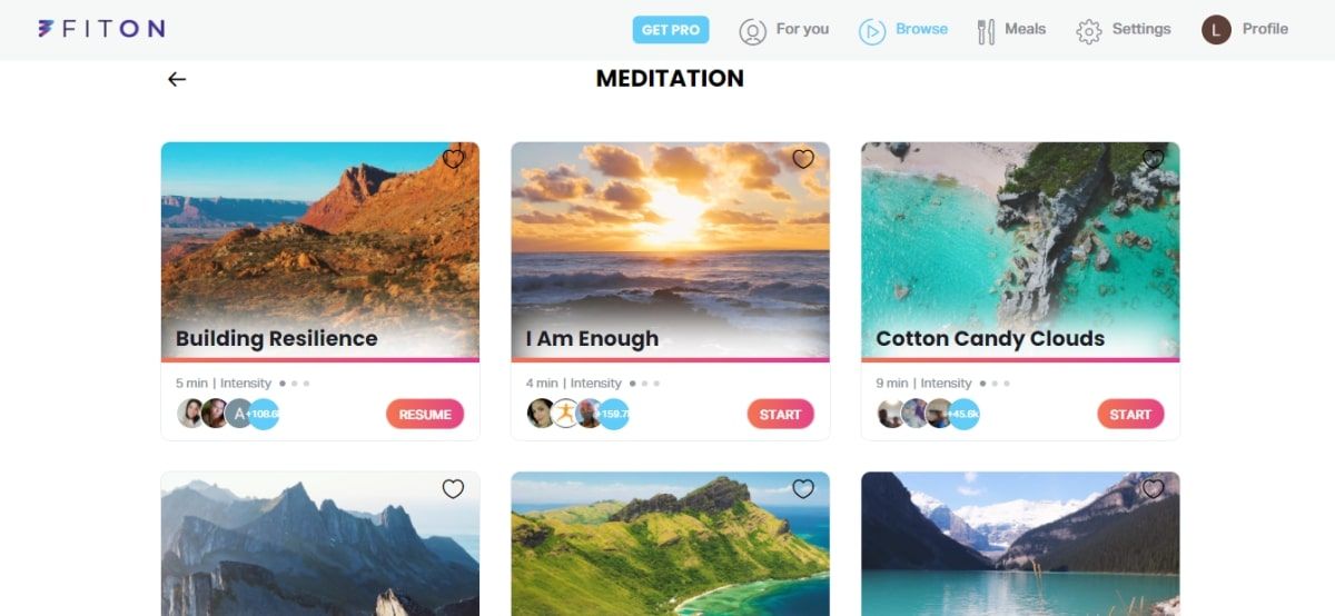 Screenshot of meditation page on FitOn