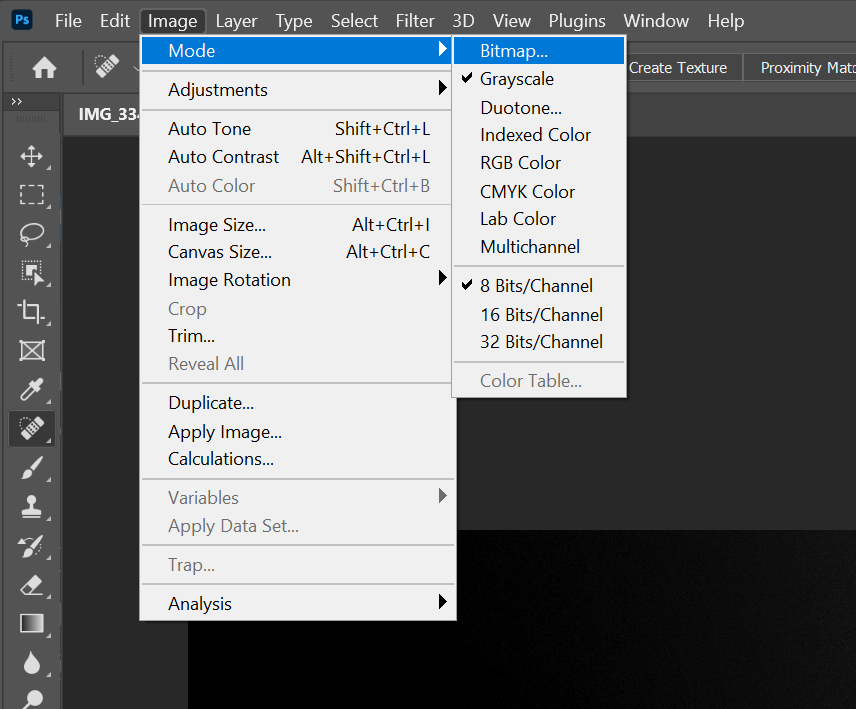 Choosing the Bitmap option under Image Mode.