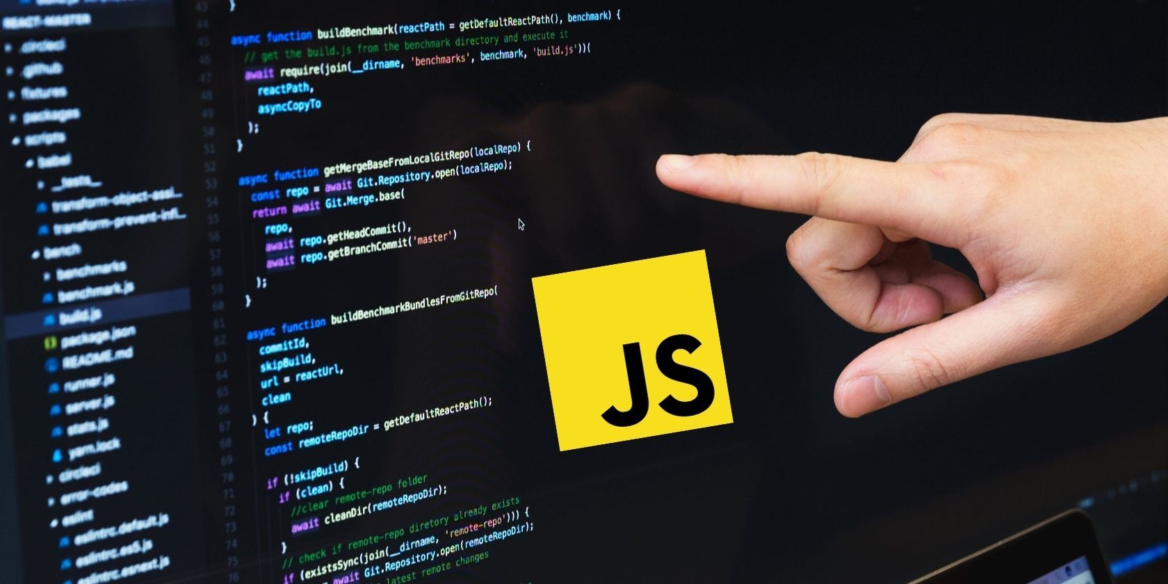 A hand pointing to a screen showing code next to a JavaScript logo