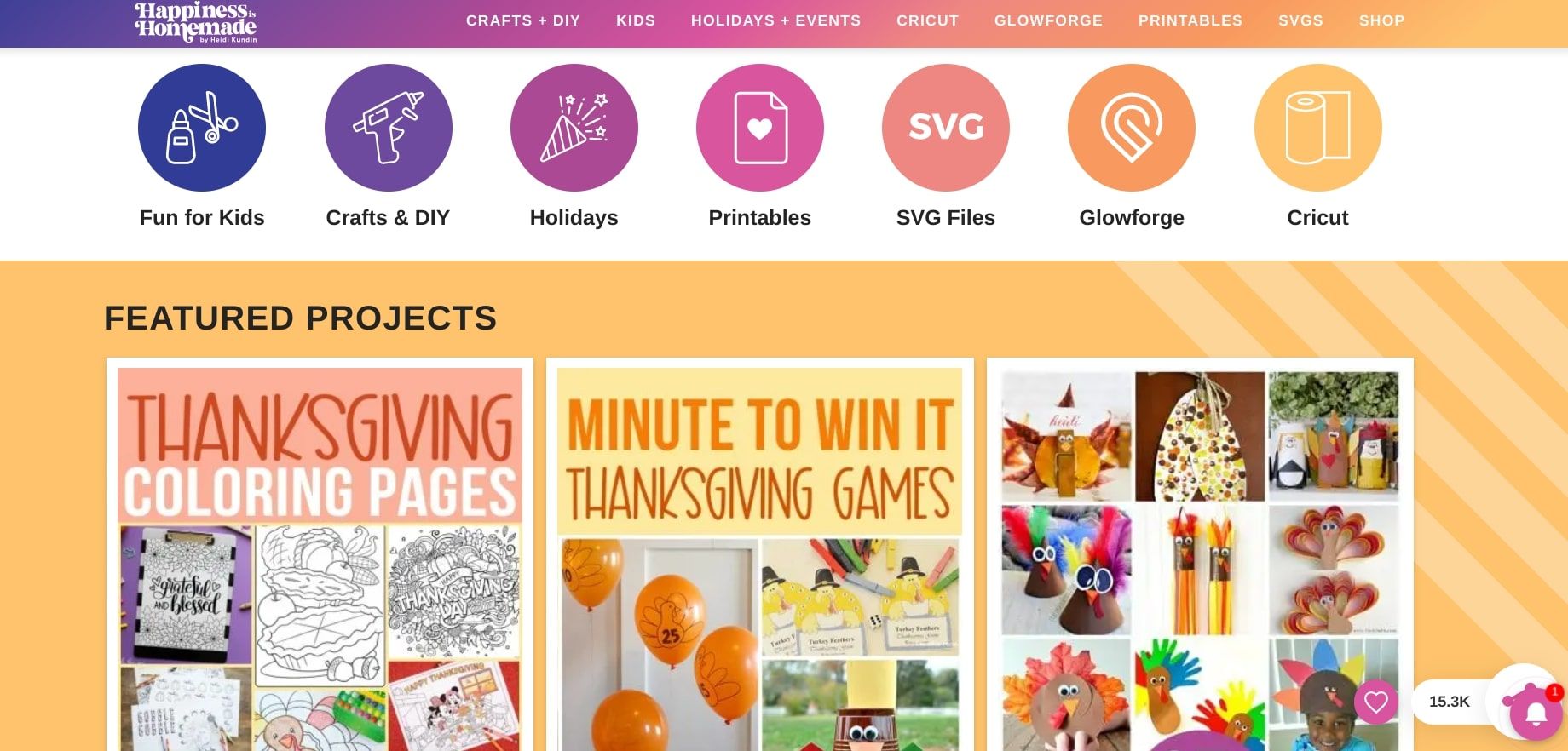 happiness is homemade homepage screenshot with Thanksgiving crafts