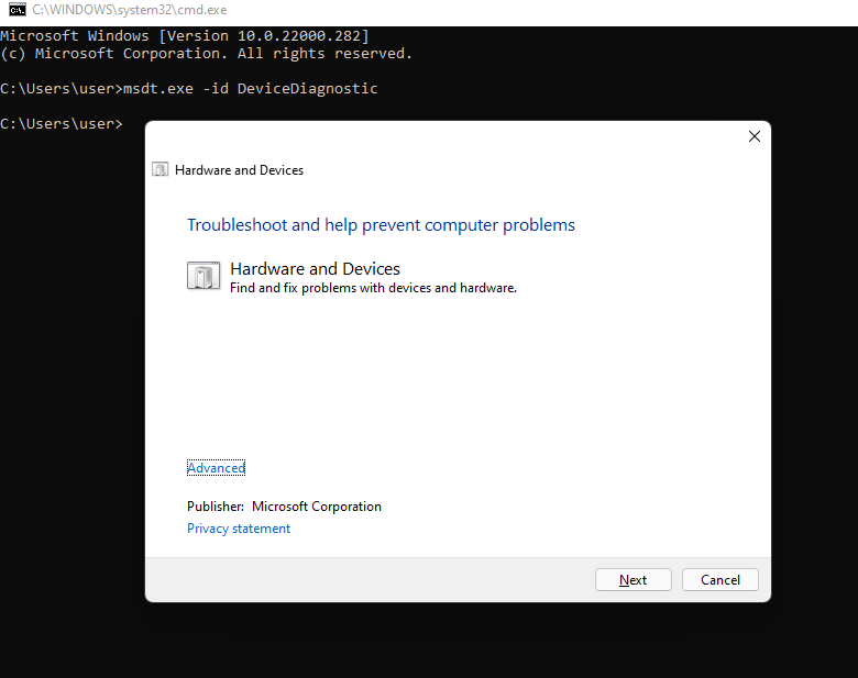 running hardware and devices troubleshooter with command prompt