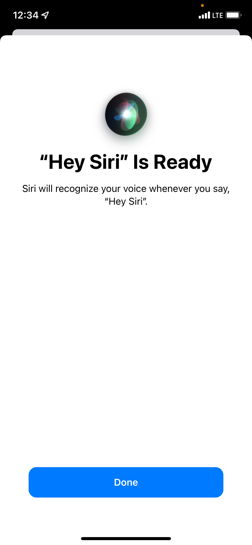 "Hey Siri" successful setup screen on iPhone