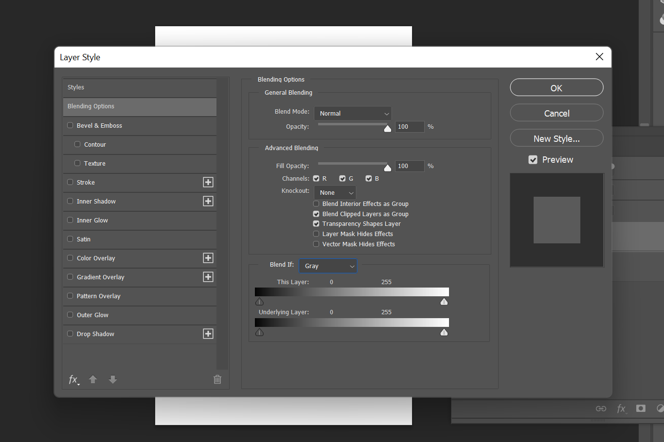 The Layer Style Window in Photoshop.