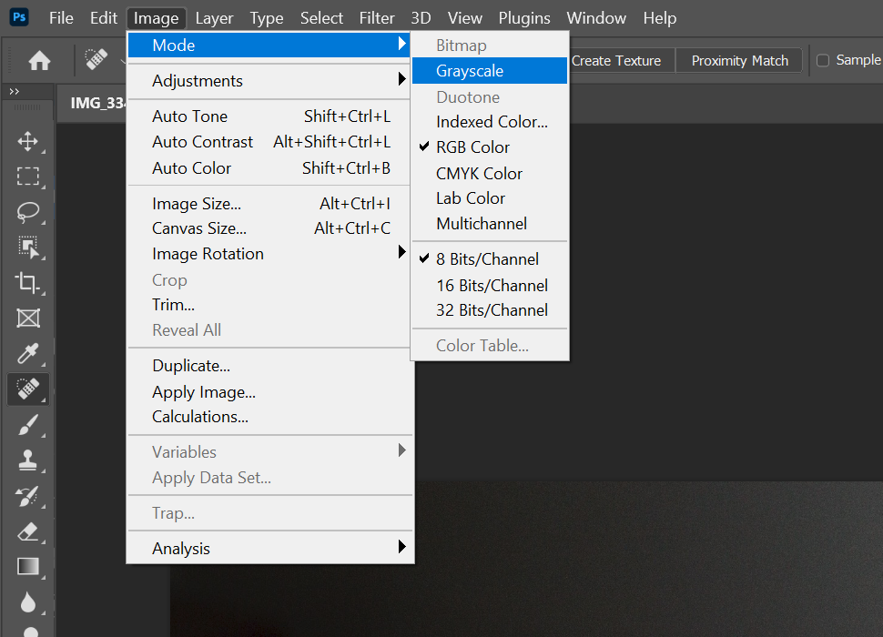 Switching our Image Mode to Grayscale.