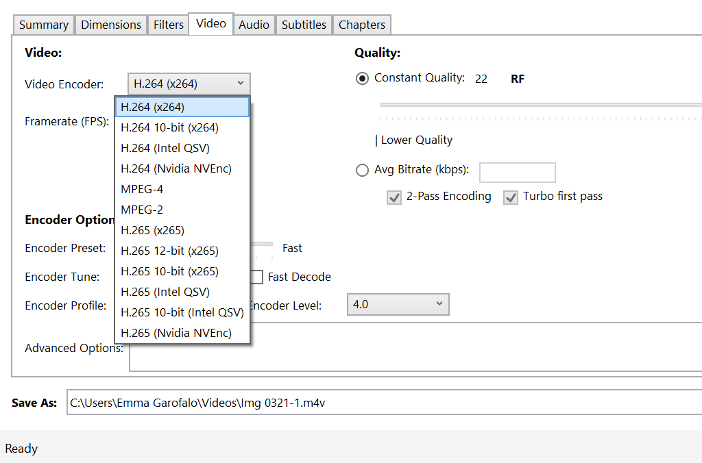 Changing the video codec in Handbrake.