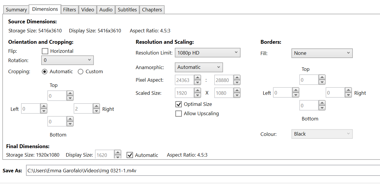 Adjusting video resolution with Handbrake.