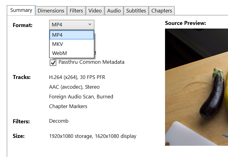 Changing the output settings of a video in Handbrake.