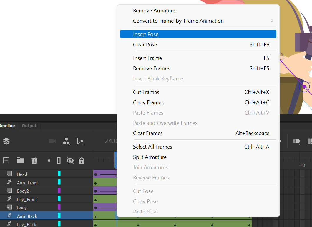 Inserting a pose into the Animate timeline.