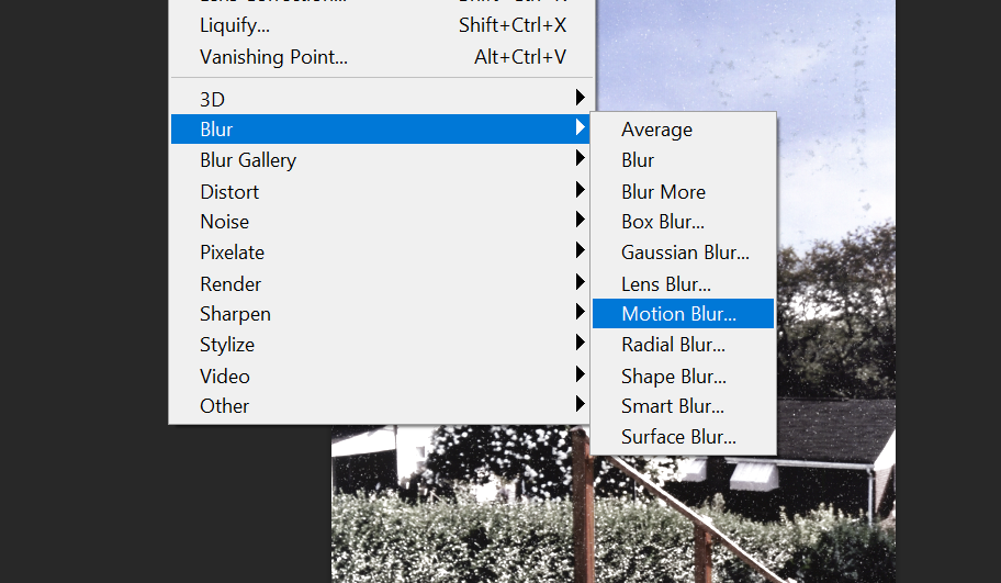 Choosing a Motion Blur effect from the Filter dropdown.