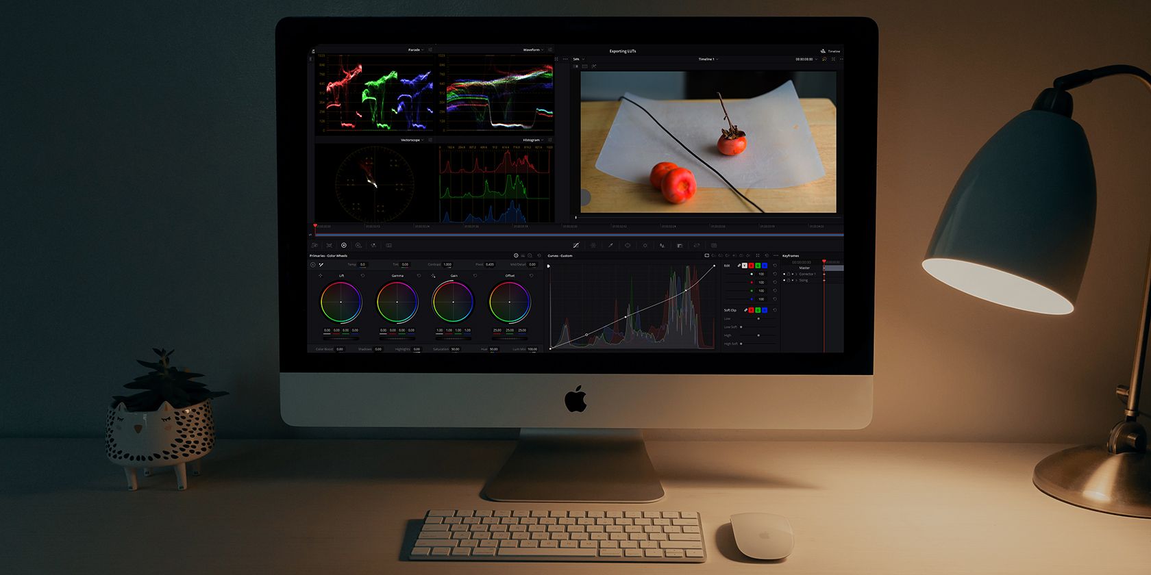 A computer with DaVinci Resolve's Color workspace up and running.
