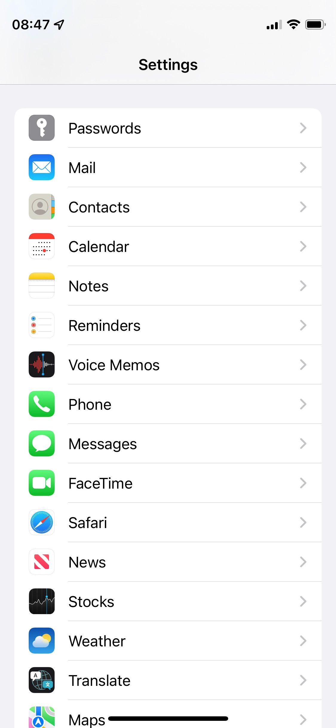 iOS Settings showing Mail option
