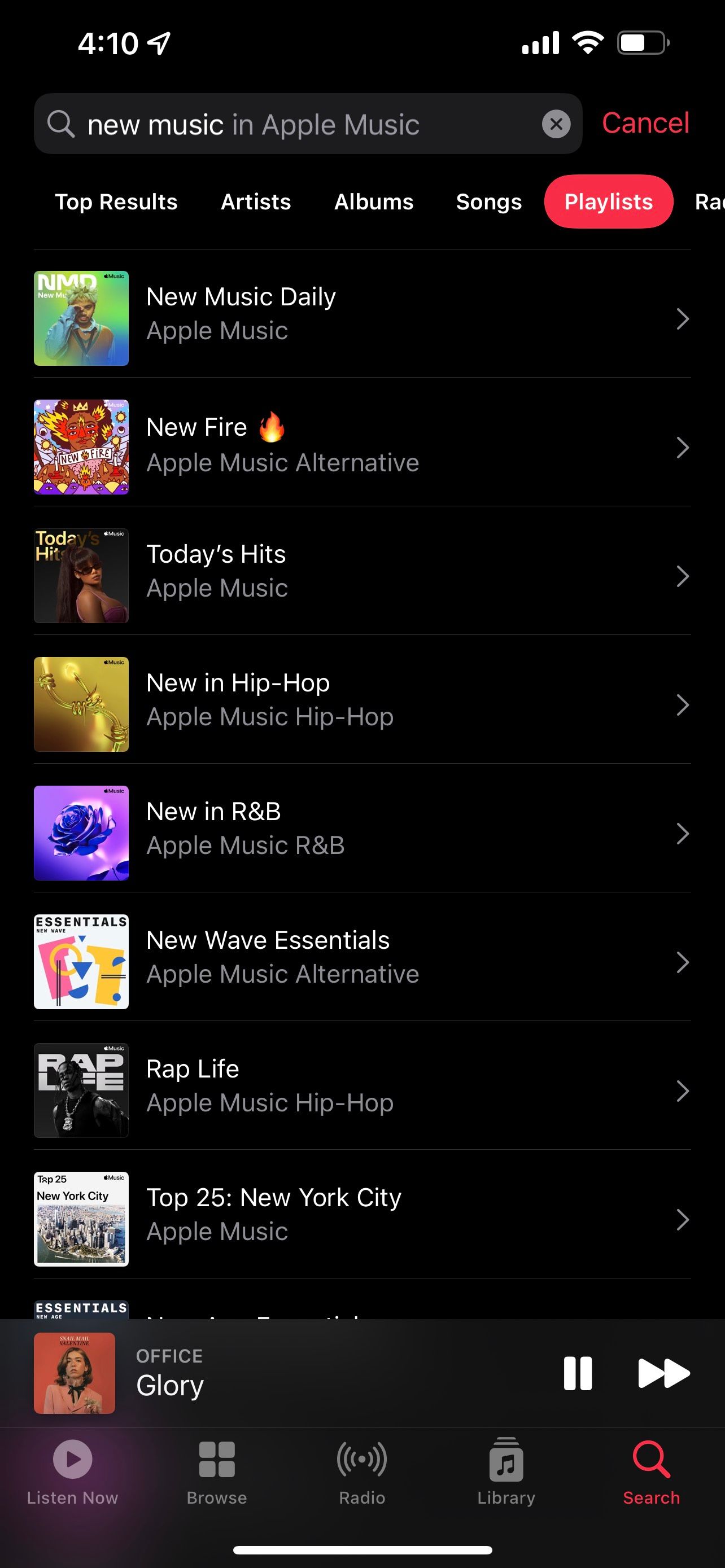 iOS music search playlists