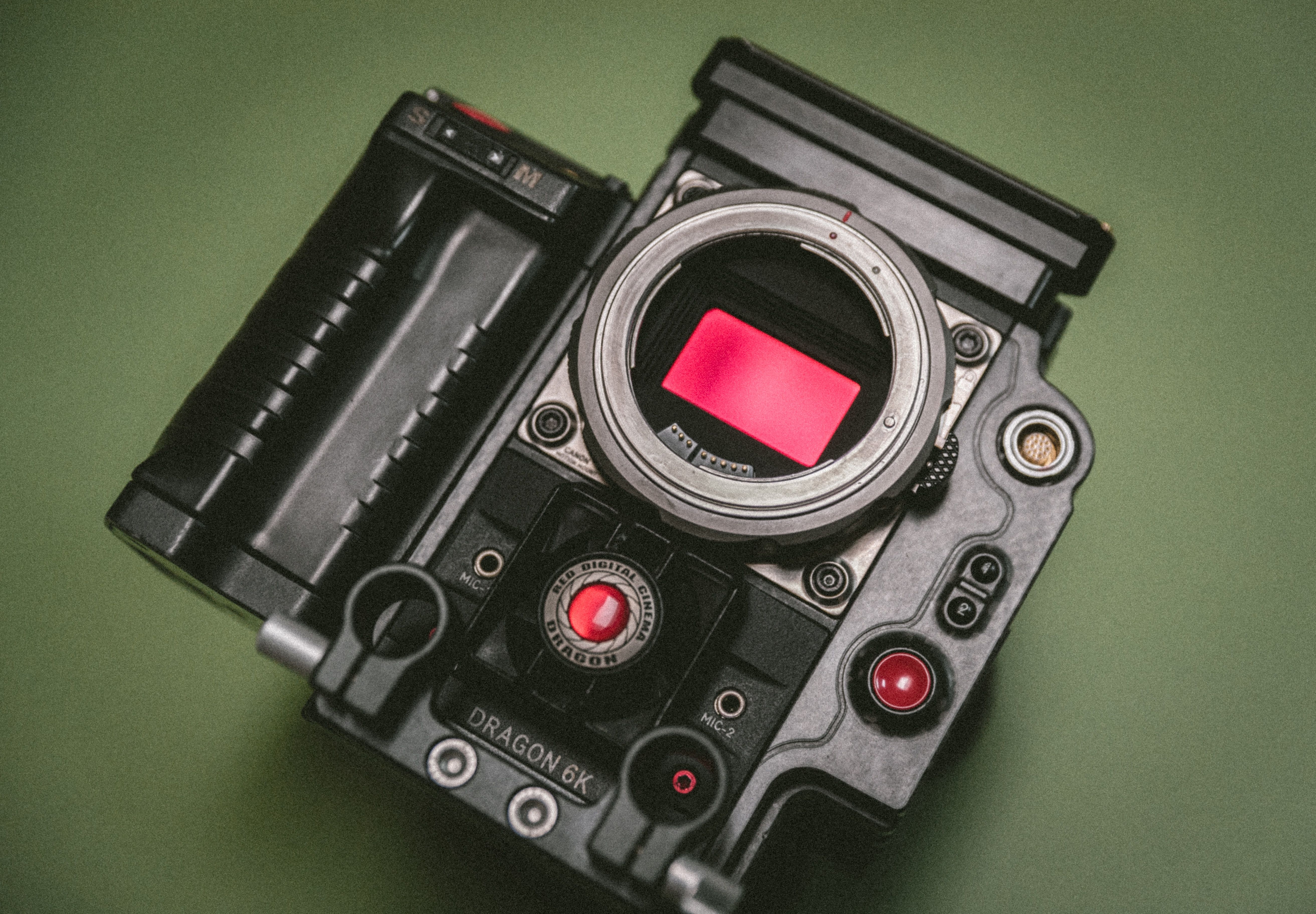 A RED camera with an exposed image sensor.