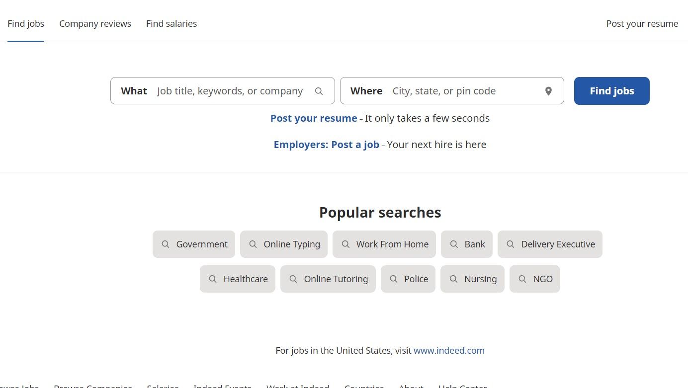 Home page of Platform Indeed displaying job search fields