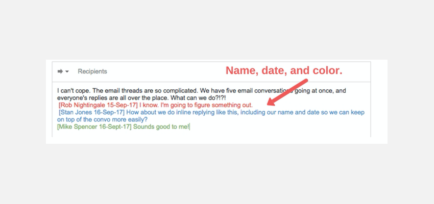 Identifying yourself in an inline email reply.