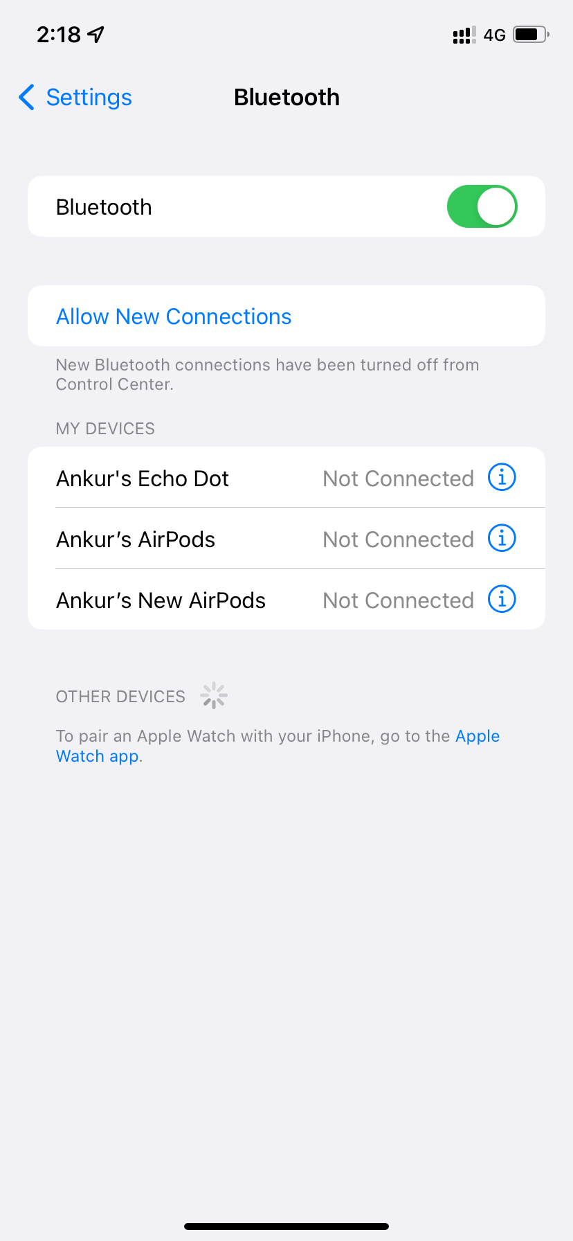 iPhone Bluetooth Settings showing AirPods info button