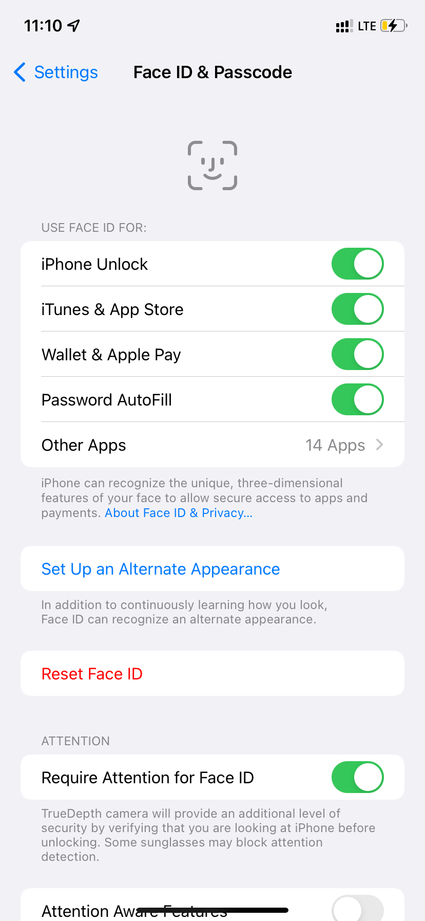 iPhone Face ID settings showing the option to Set Up an Alternate Appearance