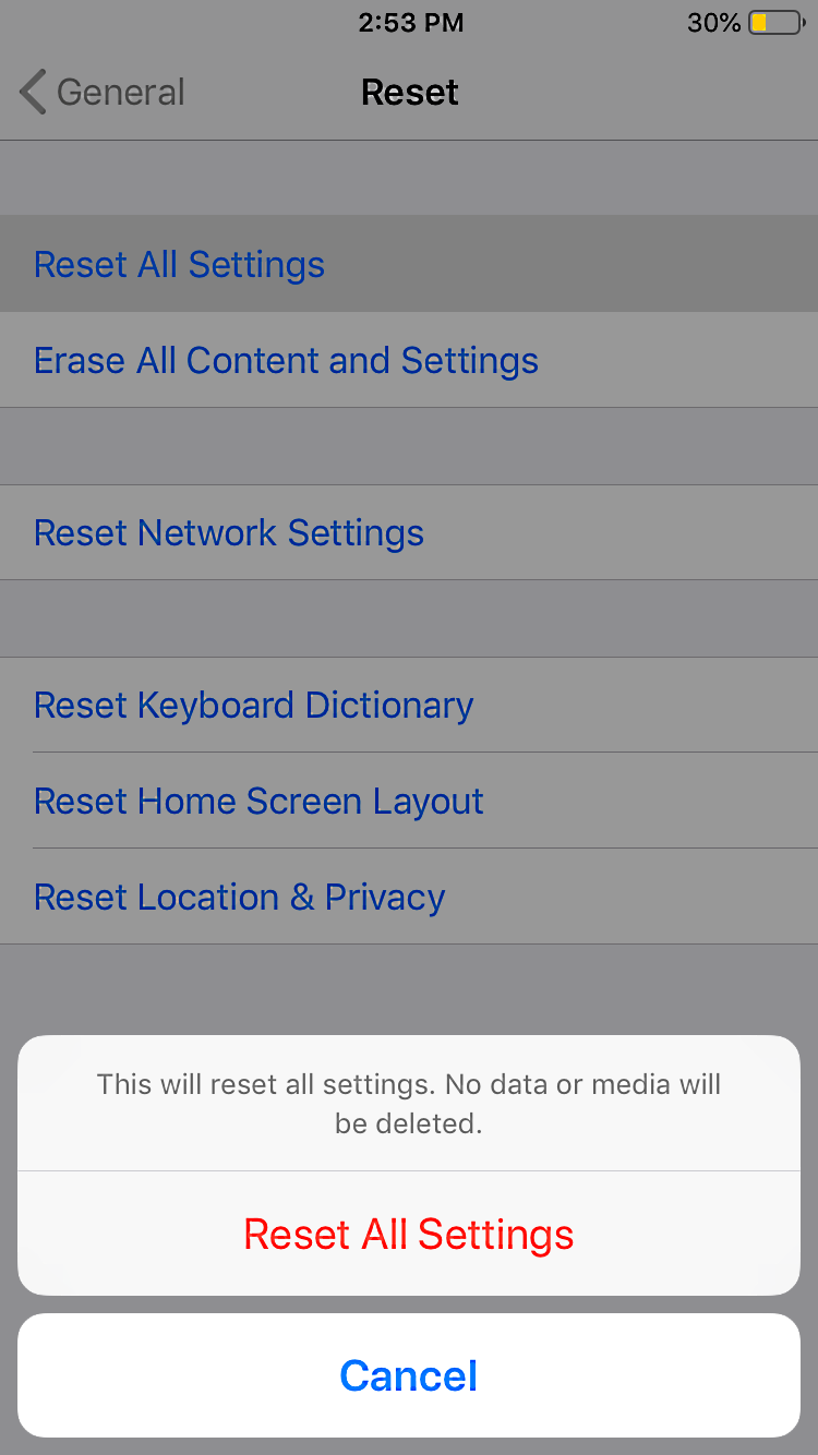 iphone reset all settings confirmation prompt screenshot