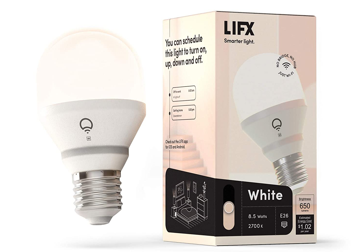Lifx white A19 wi-fi smart bulb displayed next to the product's box