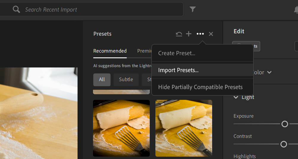 Importing presets in Lightroom.