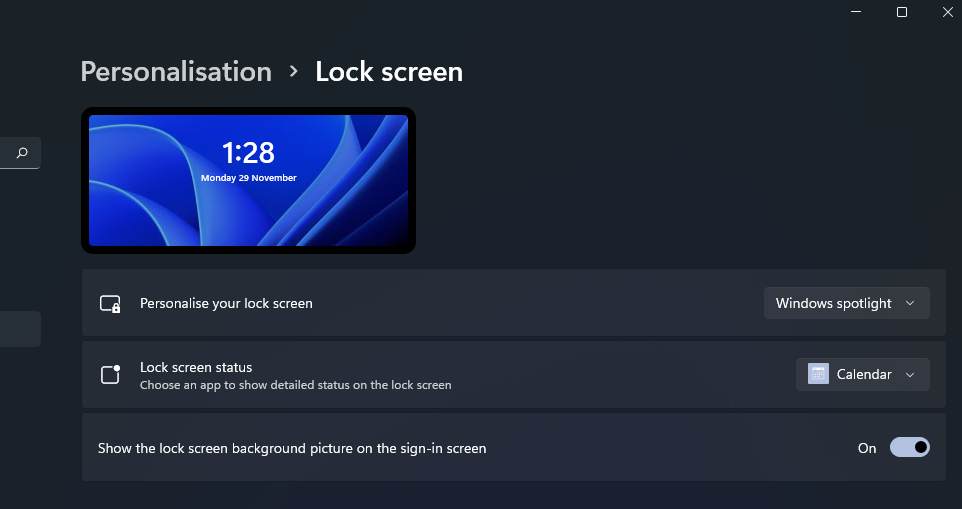 The lock screen options in Settings