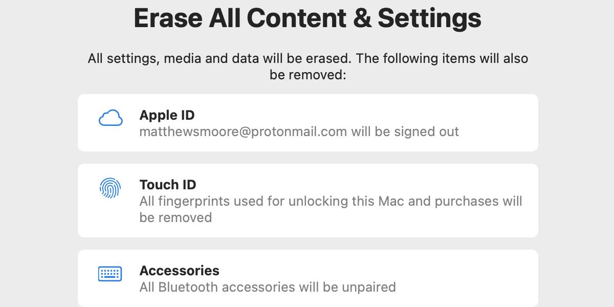 macOS erase all content and settings window.