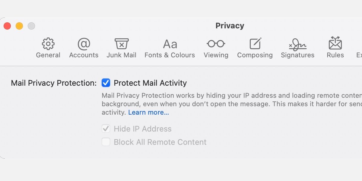 macOS mail privacy preferences window.