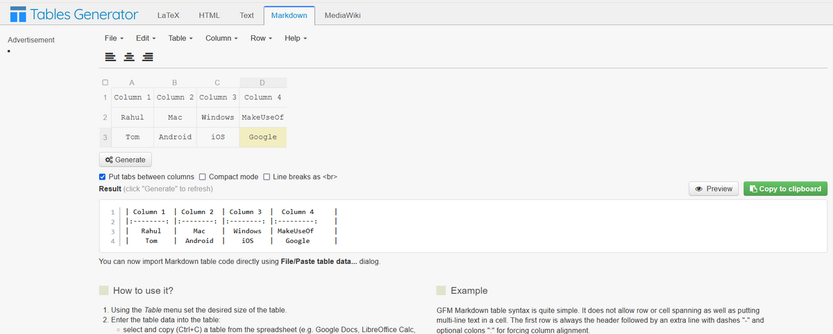 markdown table with header