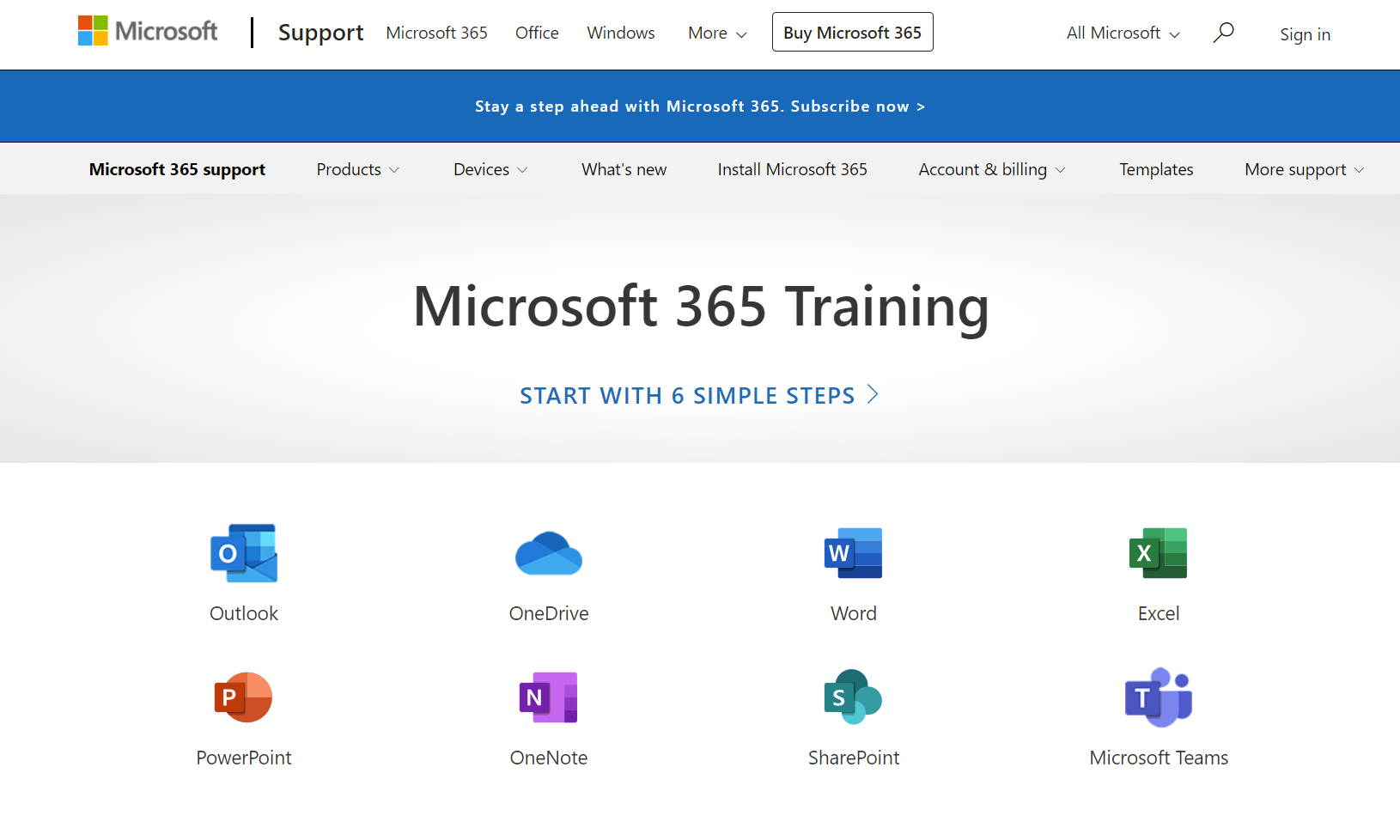 The Microsoft 365 Training homepage on the official site.