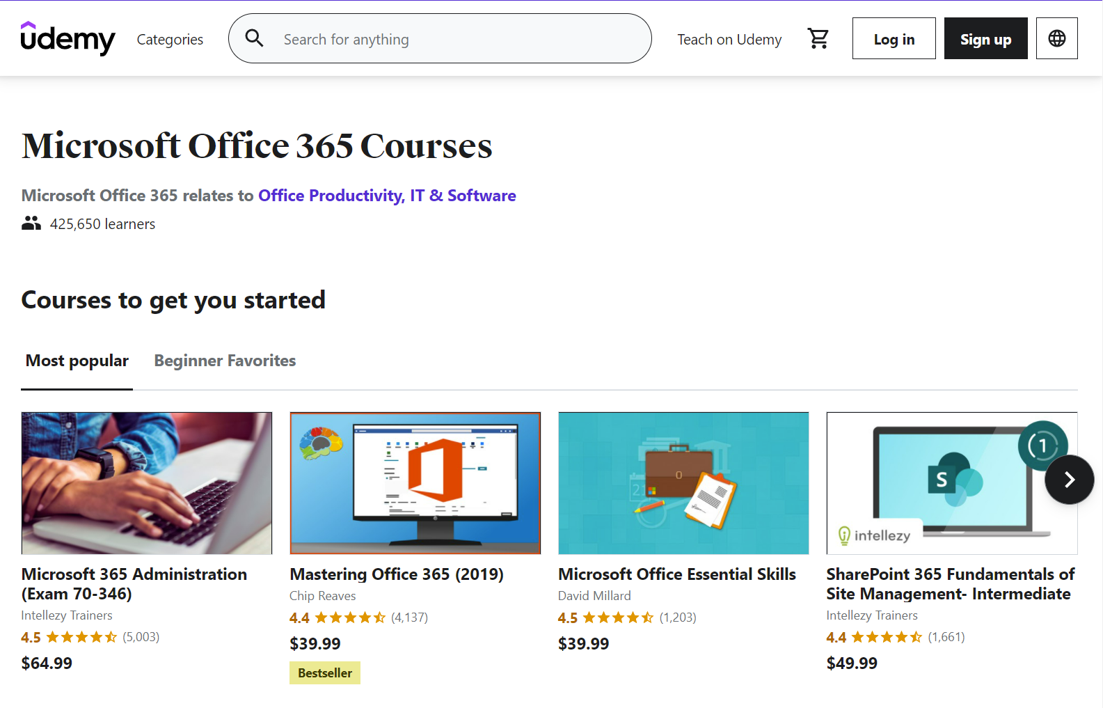 The Udemy Microsoft 365 training homepage.