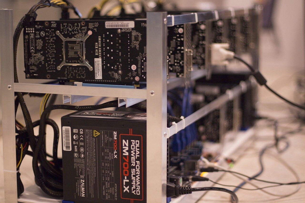 Cryptocurrency mining hardware on a rack