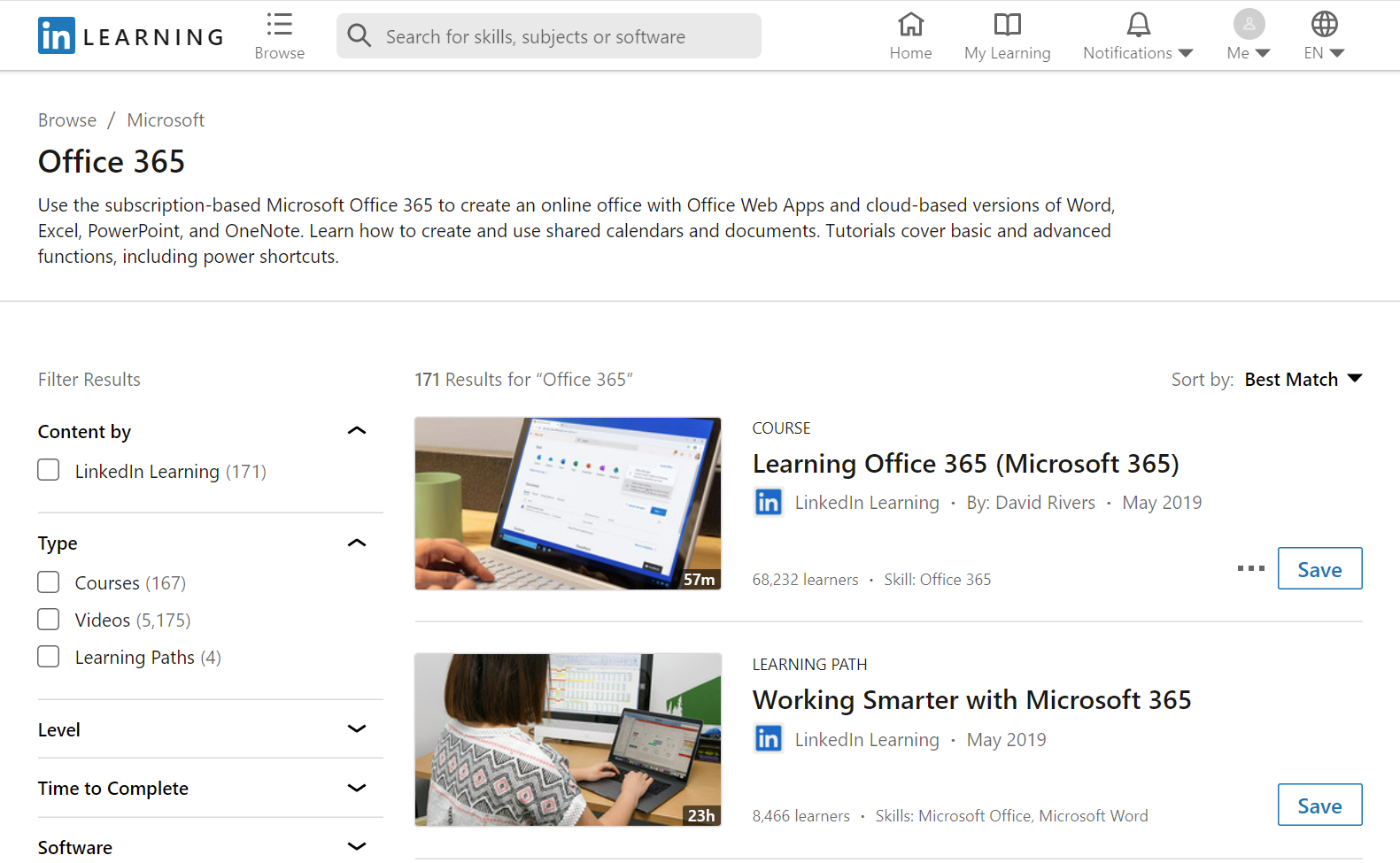 The homepage for Microsoft Office training on LinkedIn Learning.
