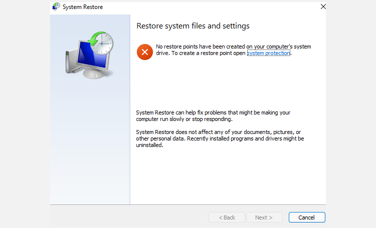 system has no restore points