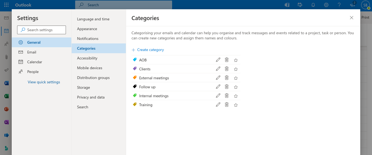 Screenshot of Outlook Web Categories