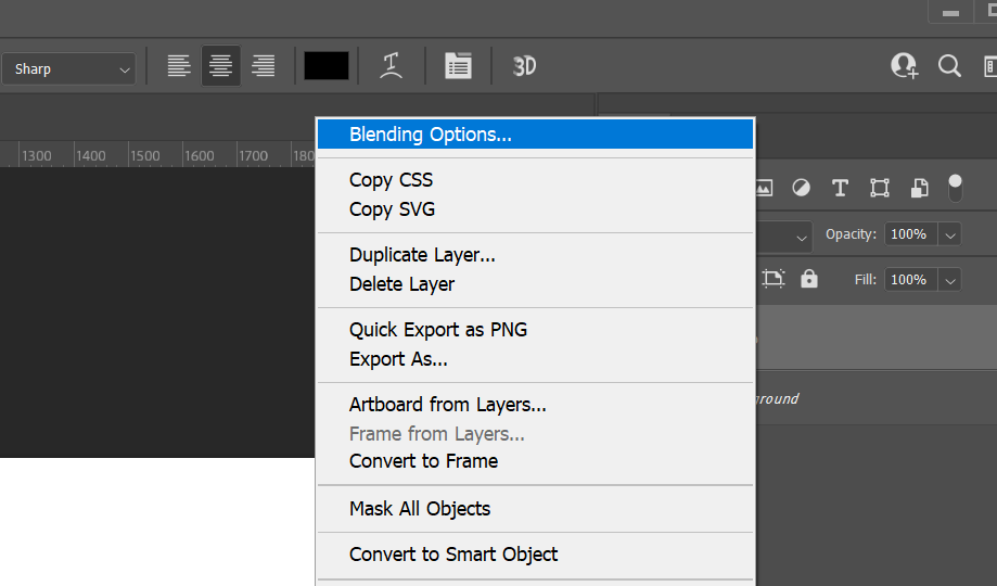 Navigating into the Blending Options in Photoshop.