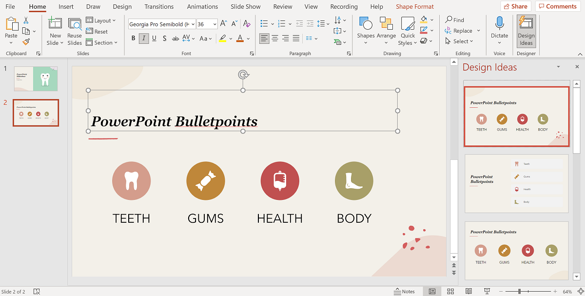 Screenshot of PowerPoint Design Ideas Bulletpoints