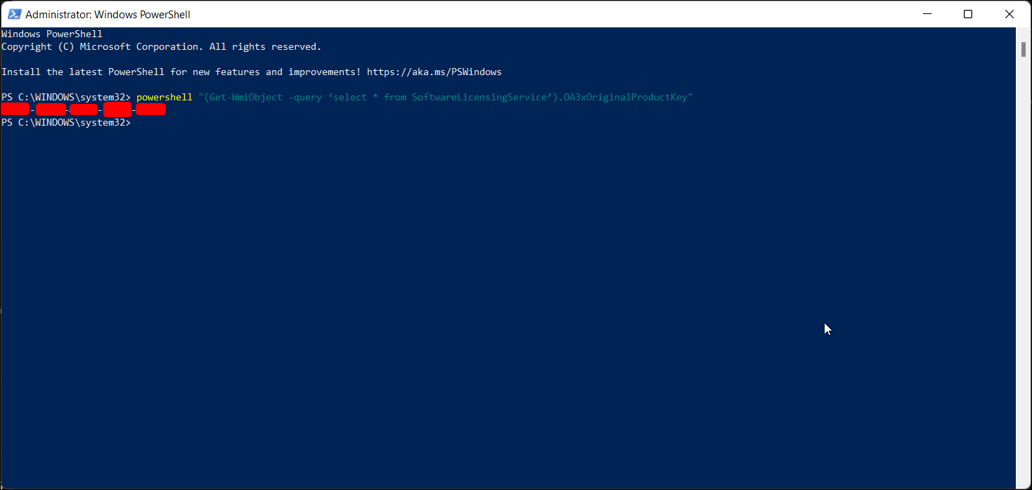 PowerShell console running the command to find Windows 11 and 10 product key