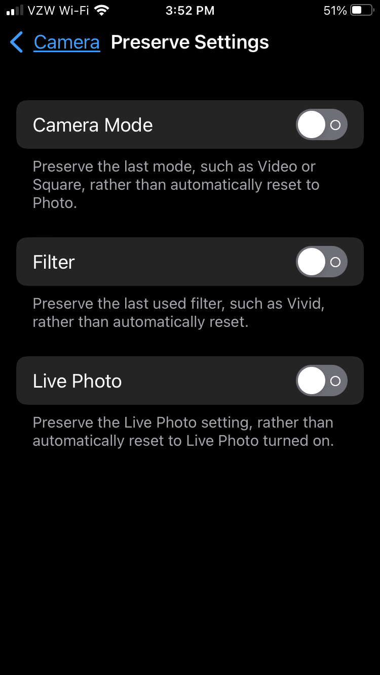 The preserve settings in the iPhone settings