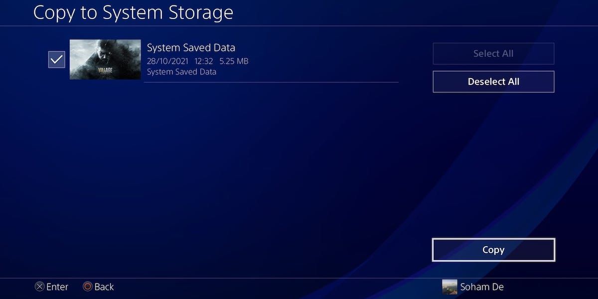 Copying saved data to system storage on a PS4