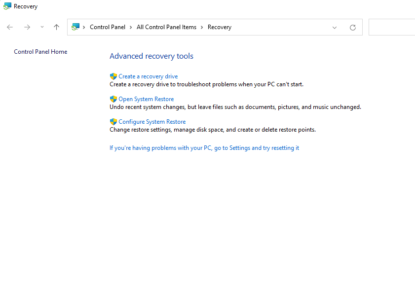 opening system restore from the recovery window